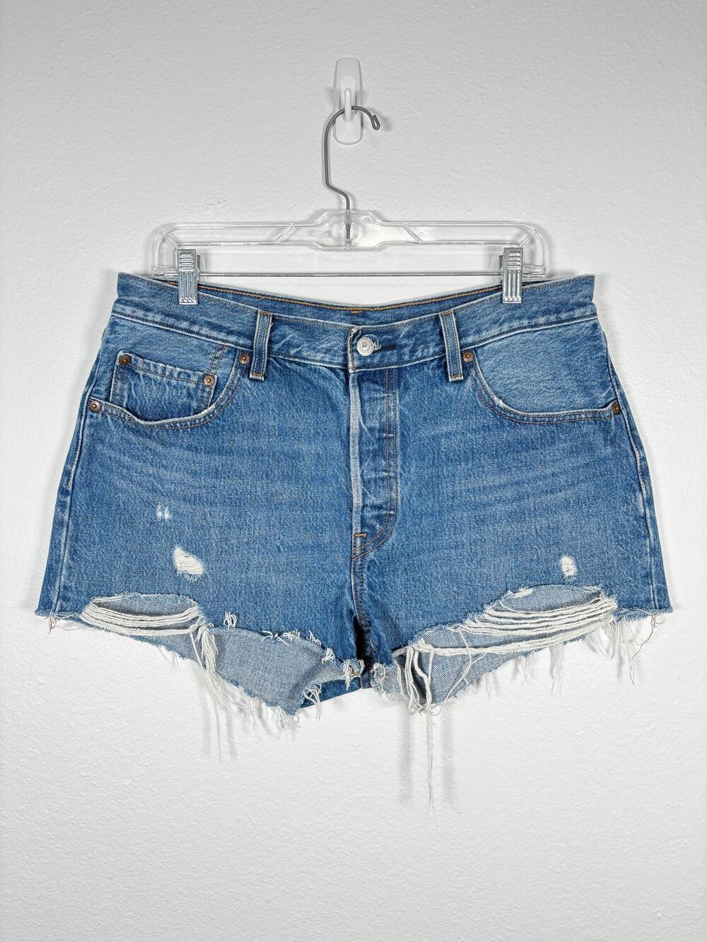 Levi's 501 High Waisted Distressed Cut Off Denim Jean Shorts in Indigo Avenue